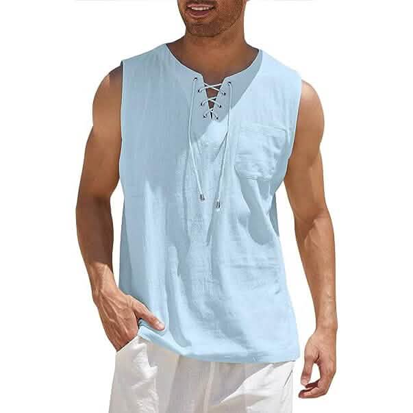 Men's Cotton Linen Tank Top Shirts Casual Sleeveless Lace Up Beach Hippie Tops Bohemian Renaissance Pirate Tunic - A-1 Thread Vault
