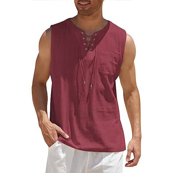 Men's Cotton Linen Tank Top Shirts Casual Sleeveless Lace Up Beach Hippie Tops Bohemian Renaissance Pirate Tunic - A-1 Thread Vault