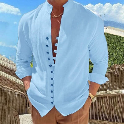 Men's Linen Button Up Shirt Long Sleeve Plain Band Collar - A-1 Thread Vault