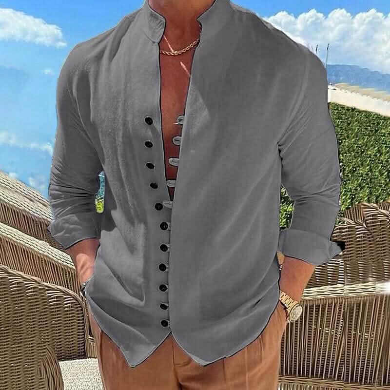 Men's Linen Button Up Shirt Long Sleeve Plain Band Collar - A-1 Thread Vault