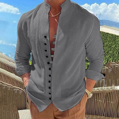 Men's Linen Button Up Shirt Long Sleeve Plain Band Collar - A-1 Thread Vault