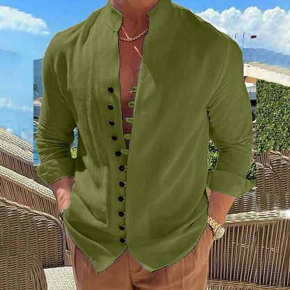 Men's Linen Button Up Shirt Long Sleeve Plain Band Collar - A-1 Thread Vault