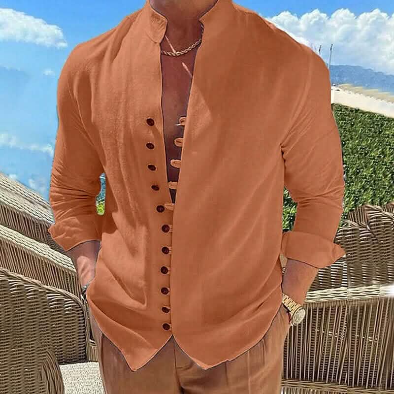 Men's Linen Button Up Shirt Long Sleeve Plain Band Collar - A-1 Thread Vault
