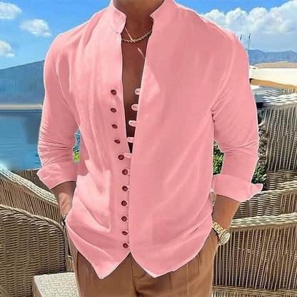 Men's Linen Button Up Shirt Long Sleeve Plain Band Collar - A-1 Thread Vault