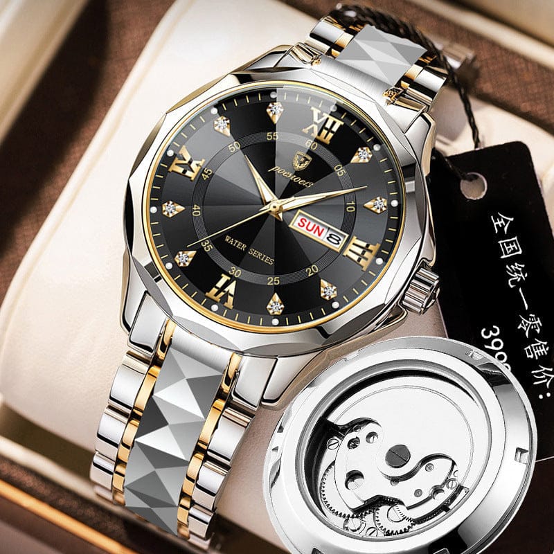 A silver and gold-tone wristwatch with a black round dial featuring crystal hour markers, Roman numerals, a date display, and a metallic pyramid-patterned link bracelet, shown alongside a detached mechanical watch movement back.