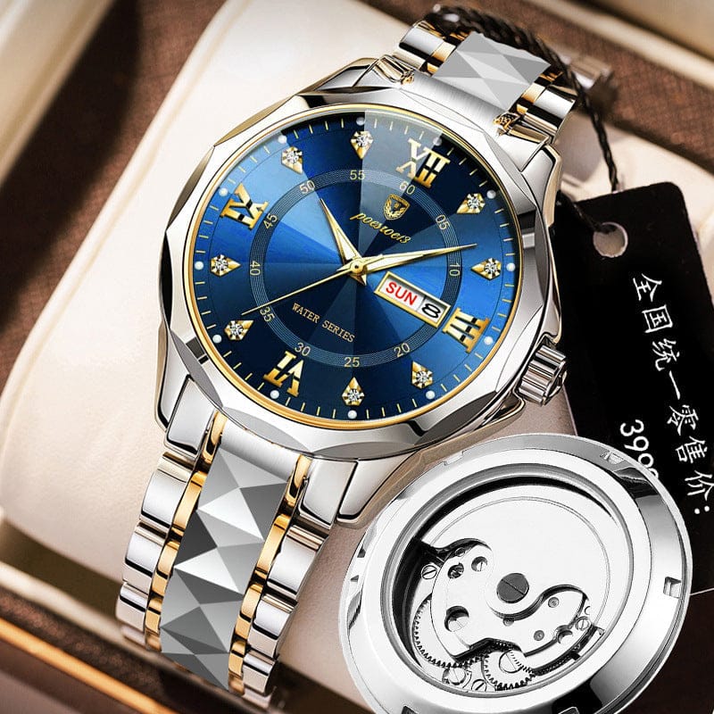 A luxury wristwatch with a blue sunray dial, gold hands, diamond-like hour markers, and a day-date display, shown next to a view of its internal mechanical movement against a light-colored background.