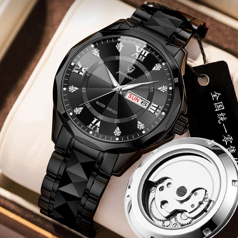 A black wristwatch with a faceted link band and a black dial featuring diamond-style hour markers, a day-date window, and a visible mechanical movement component resting beside the watch face.