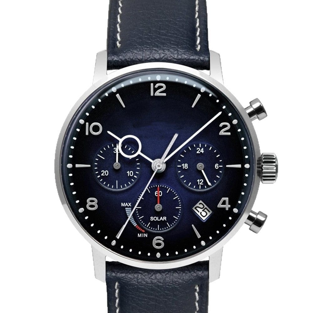 A navy blue chronograph watch with a round stainless steel case, dark blue leather strap, solar power indicator, and a date window on the dial.