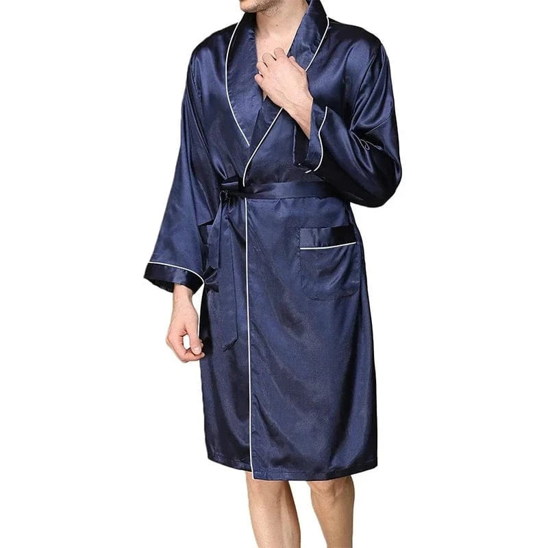 Mens Satin Bathrobe with Belt Long Sleeve V-neck Night Robe Sleepwear Soft Loungewear with Pockets - A-1 Thread Vault