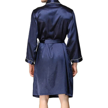 Mens Satin Bathrobe with Belt Long Sleeve V-neck Night Robe Sleepwear Soft Loungewear with Pockets - A-1 Thread Vault