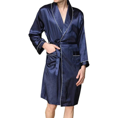 Mens Satin Bathrobe with Belt Long Sleeve V-neck Night Robe Sleepwear Soft Loungewear with Pockets - A-1 Thread Vault