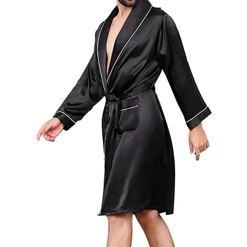 Mens Satin Bathrobe with Belt Long Sleeve V-neck Night Robe Sleepwear Soft Loungewear with Pockets - A-1 Thread Vault
