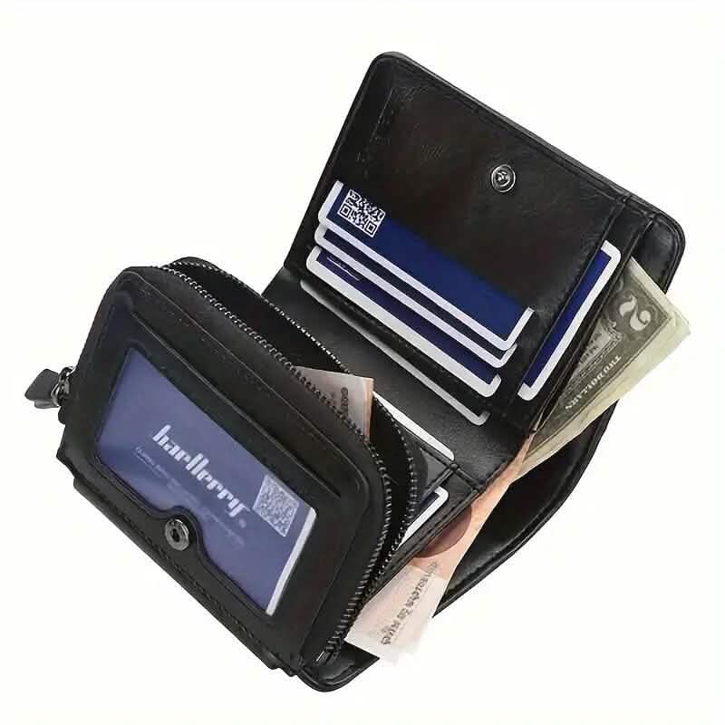 Men's Short Multi-Card Slots Tri-Fold Zipper Coin Pocket Wallet - A-1 Thread Vault