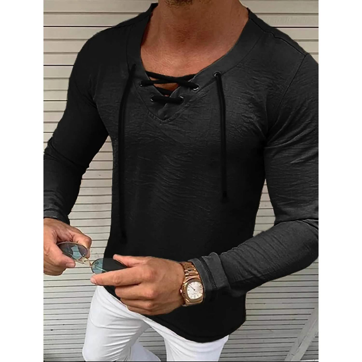 Men's Solid V Neck Long Sleeved Cotton Linen Shirt - A-1 Thread Vault