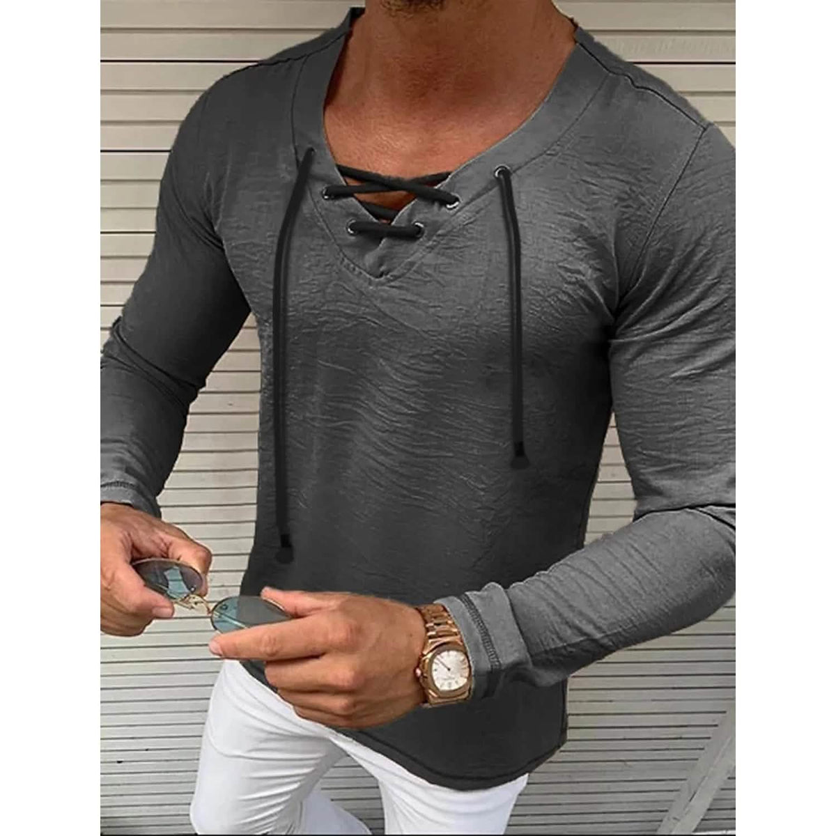 Men's Solid V Neck Long Sleeved Cotton Linen Shirt - A-1 Thread Vault