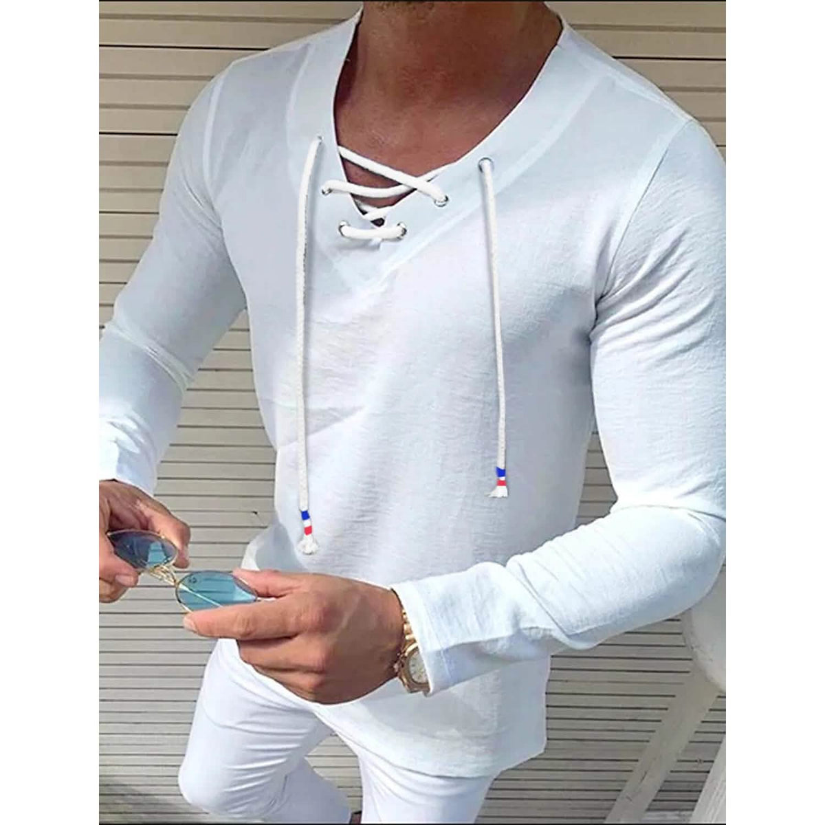 Men's Solid V Neck Long Sleeved Cotton Linen Shirt - A-1 Thread Vault