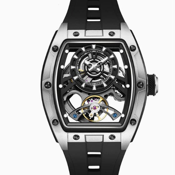 A skeletonized wristwatch featuring a tonneau-shaped silver case, a black dial with a sub-dial, and a black rubber strap.
