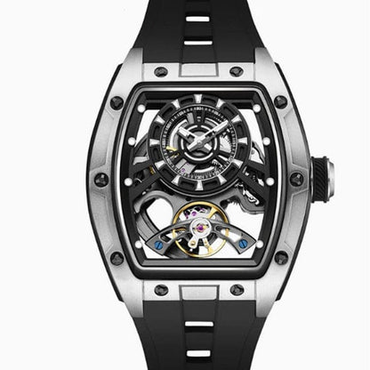 A skeletonized wristwatch featuring a tonneau-shaped silver case, a black dial with a sub-dial, and a black rubber strap.