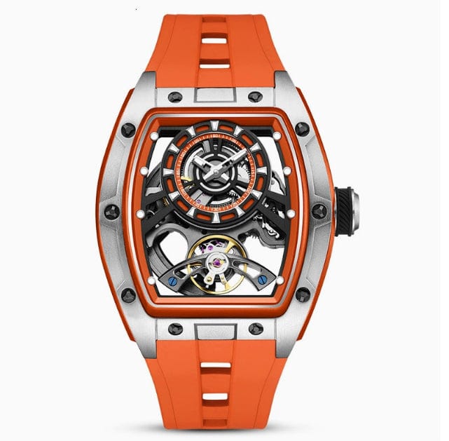 A skeleton watch featuring a barrel-shaped silver frame, a prominent orange inner dial, and a matching orange rubber strap.