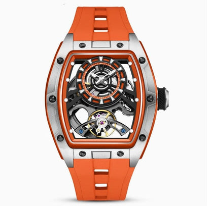 A skeleton watch featuring a barrel-shaped silver frame, a prominent orange inner dial, and a matching orange rubber strap.