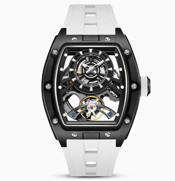A skeleton watch featuring a black tonneau-shaped case, a visible mechanical movement, and a white silicone strap.