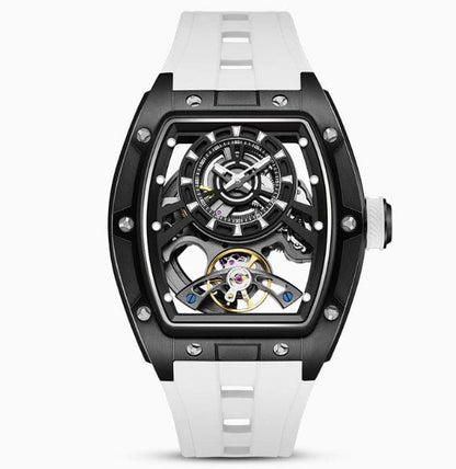 A skeleton watch featuring a black tonneau-shaped case, a visible mechanical movement, and a white silicone strap.