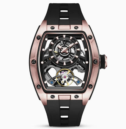 A tonneau-shaped wristwatch with a skeletonized dial featuring a rose gold bezel, black accents, and a black rubber strap.