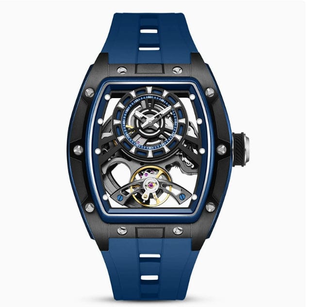 A tonneau-shaped skeleton watch featuring a black bezel with silver screws and a vibrant blue rubber strap with a mechanical movement visible on the dial.