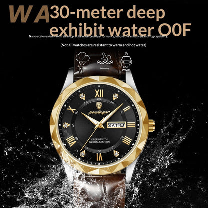 A gold-toned analog watch with a faceted bezel, black dial with diamond hour markers, and a brown leather strap, depicted against a background of splashing water.