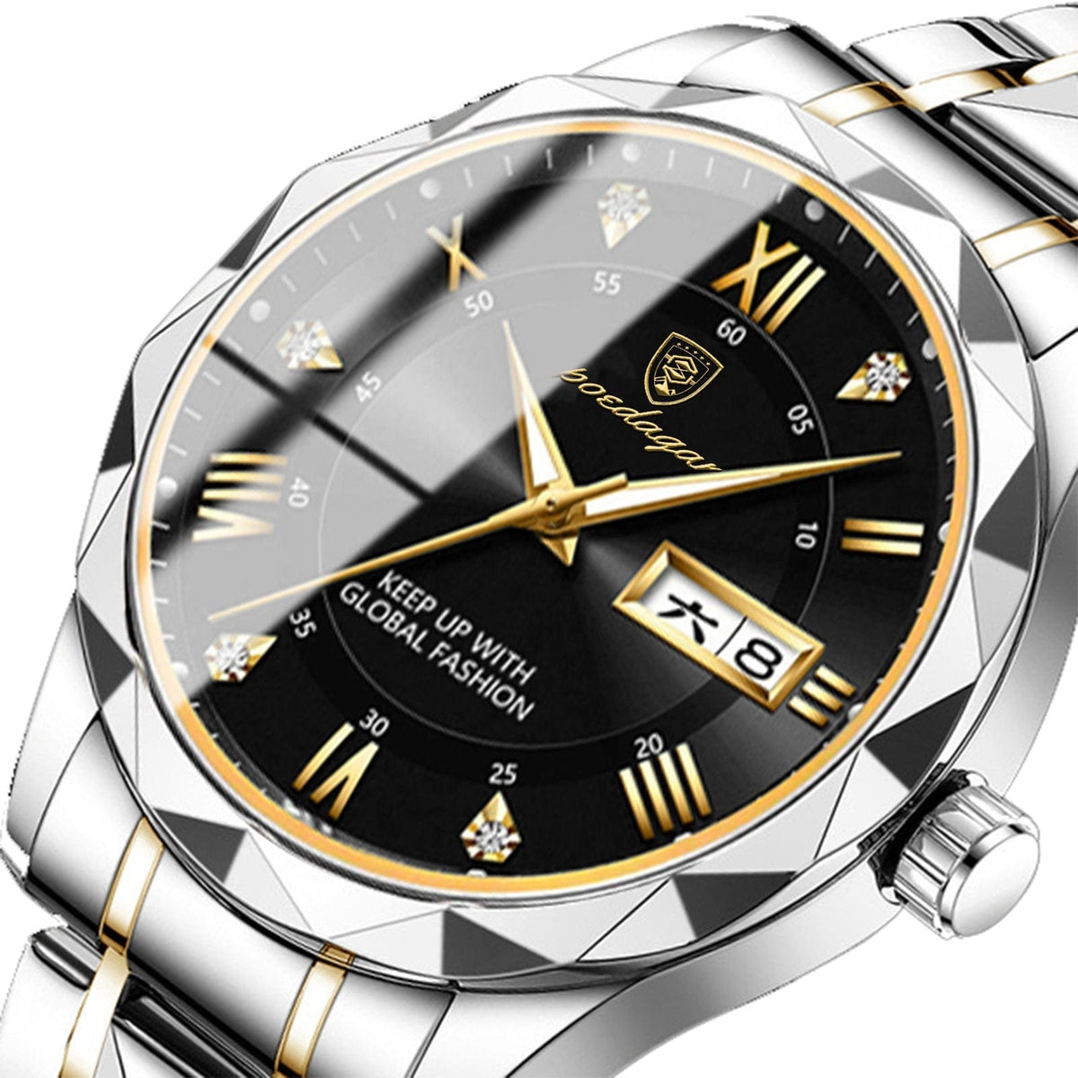 A silver and gold-toned analog wristwatch with a faceted bezel, a black dial featuring Roman numeral indices, diamond accents, gold hands, and a calendar window at the three o'clock position.