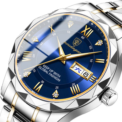 A round analog watch with a blue dial, gold Roman numeral hour markers, gold hands, and a silver and gold link bracelet.