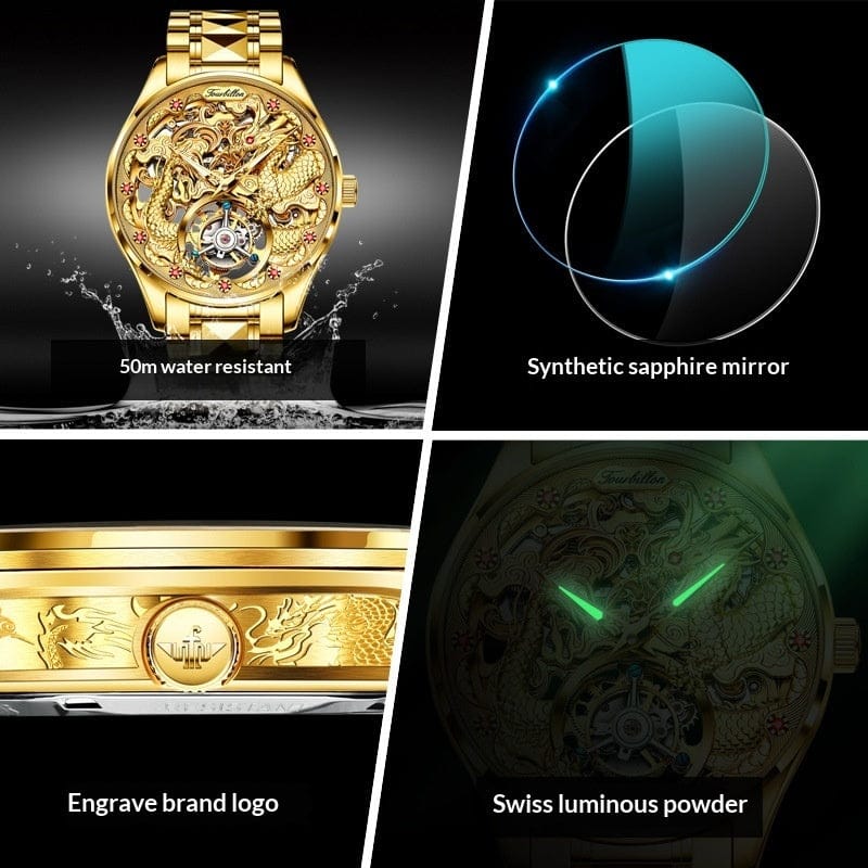 A collage showing a gold-toned luxury watch with a dragon-themed skeleton dial, a clear circular sapphire crystal, an engraved side crown featuring a logo, and luminous hands visible in the dark.