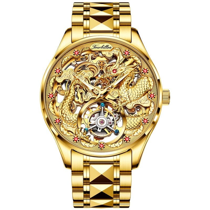 A gold-toned skeletonized wristwatch features a detailed dragon relief on the dial, a tourbillon movement at the six o'clock position, and a metallic link bracelet.