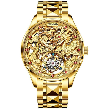 A gold-toned skeletonized wristwatch features a detailed dragon relief on the dial, a tourbillon movement at the six o'clock position, and a metallic link bracelet.