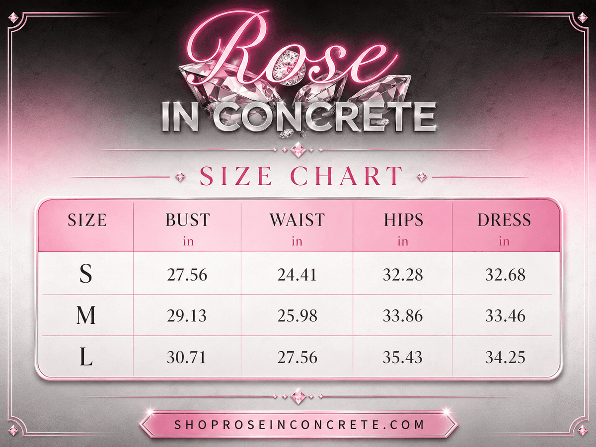 A size chart for clothing from Rose in Concrete featuring a table with columns for size, bust, waist, hips, and dress length in inches for sizes small, medium, and large set against a decorative pink and grey background.