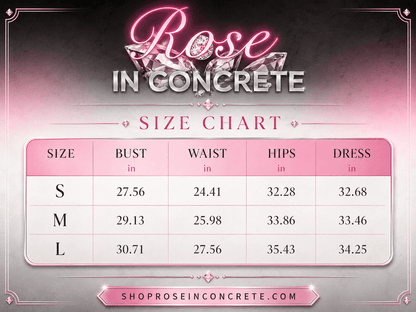 A size chart for clothing from Rose in Concrete featuring a table with columns for size, bust, waist, hips, and dress length in inches for sizes small, medium, and large set against a decorative pink and grey background.