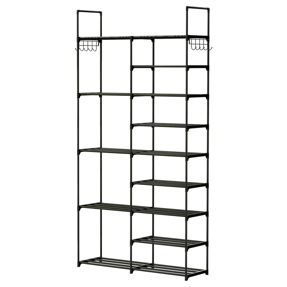 Metal Shoe Storage Shelf Free Standing Shoe Stand with 2 Row Hooks - A-1 Thread Vault