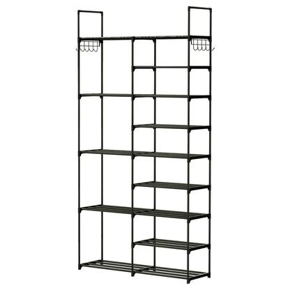 Metal Shoe Storage Shelf Free Standing Shoe Stand with 2 Row Hooks - A-1 Thread Vault