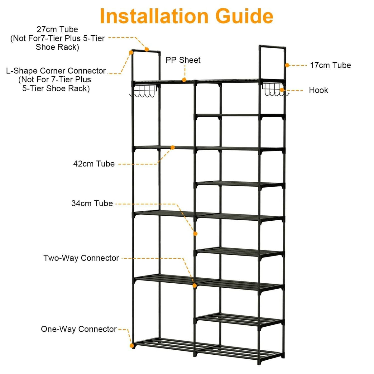 Metal Shoe Storage Shelf Free Standing Shoe Stand with 2 Row Hooks - A-1 Thread Vault