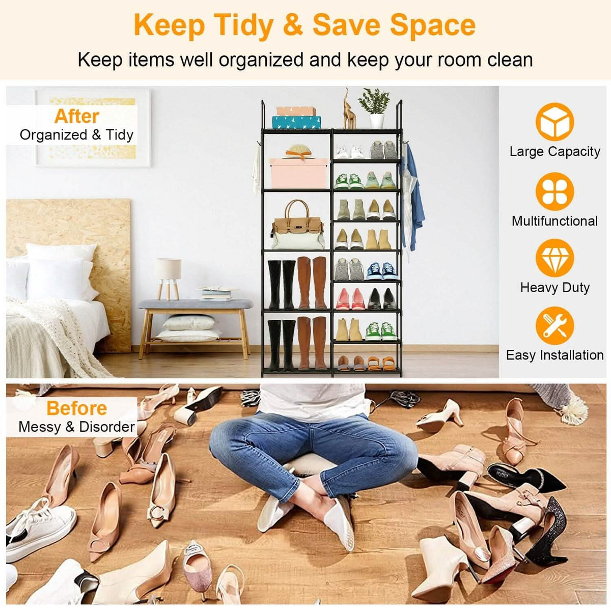Metal Shoe Storage Shelf Free Standing Shoe Stand with 2 Row Hooks - A-1 Thread Vault