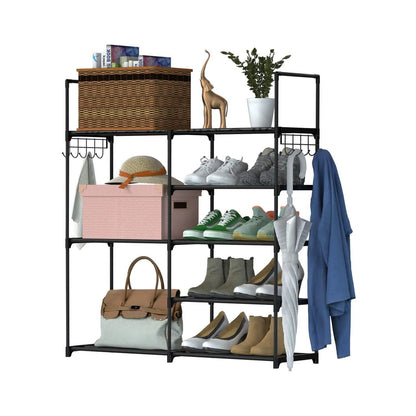 Metal Shoe Storage Shelf Free Standing Shoe Stand with 2 Row Hooks - A-1 Thread Vault