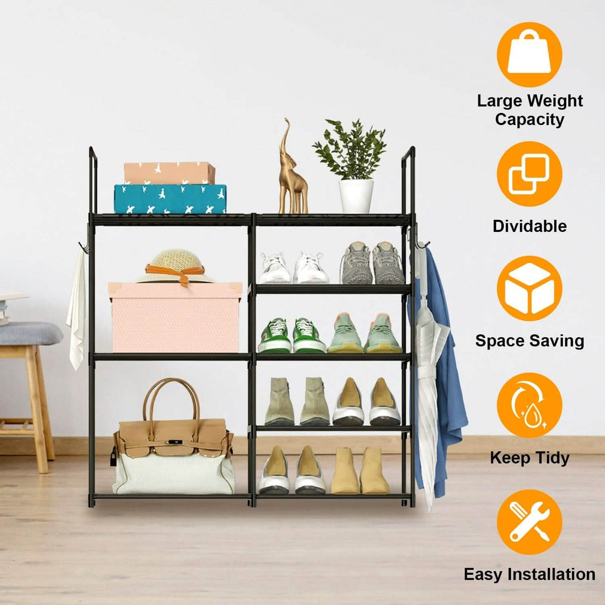 Metal Shoe Storage Shelf Free Standing Shoe Stand with 2 Row Hooks - A-1 Thread Vault
