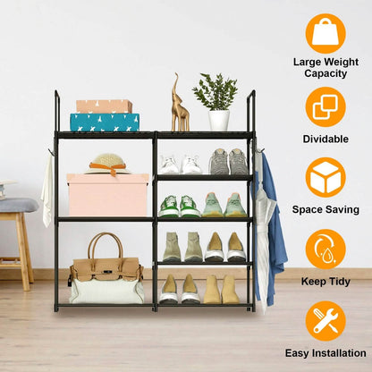 Metal Shoe Storage Shelf Free Standing Shoe Stand with 2 Row Hooks - A-1 Thread Vault