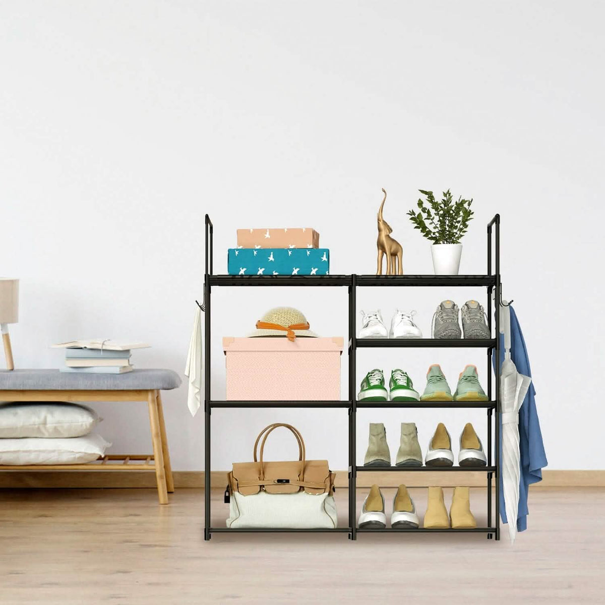 Metal Shoe Storage Shelf Free Standing Shoe Stand with 2 Row Hooks - A-1 Thread Vault