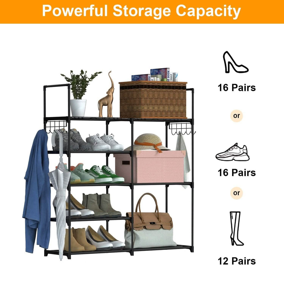 Metal Shoe Storage Shelf Free Standing Shoe Stand with 2 Row Hooks - A-1 Thread Vault