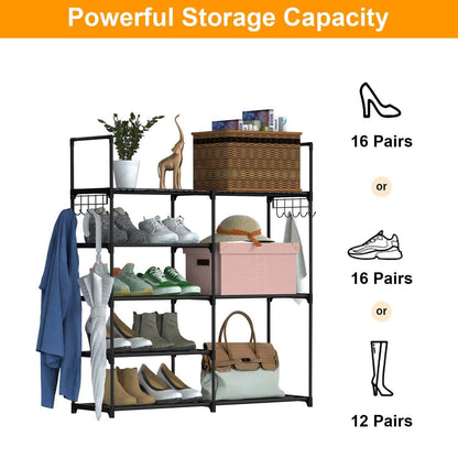 Metal Shoe Storage Shelf Free Standing Shoe Stand with 2 Row Hooks - A-1 Thread Vault