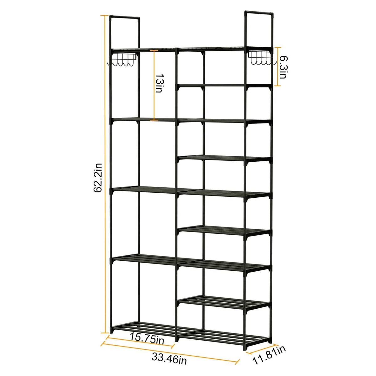 Metal Shoe Storage Shelf Free Standing Shoe Stand with 2 Row Hooks - A-1 Thread Vault