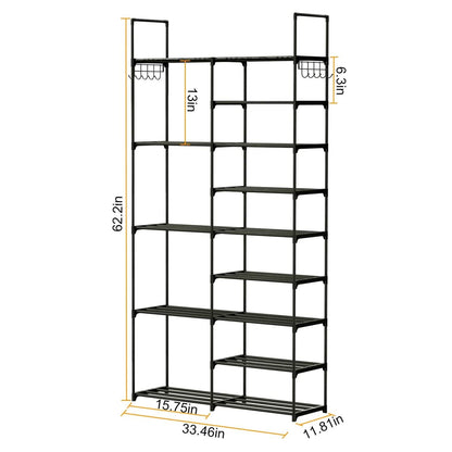 Metal Shoe Storage Shelf Free Standing Shoe Stand with 2 Row Hooks - A-1 Thread Vault