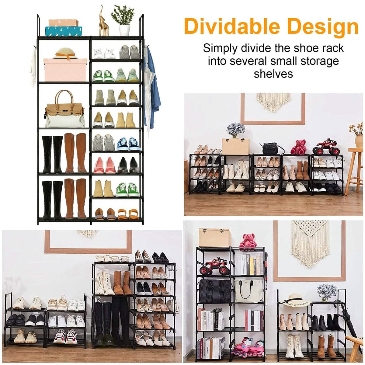 Metal Shoe Storage Shelf Free Standing Shoe Stand with 2 Row Hooks - A-1 Thread Vault