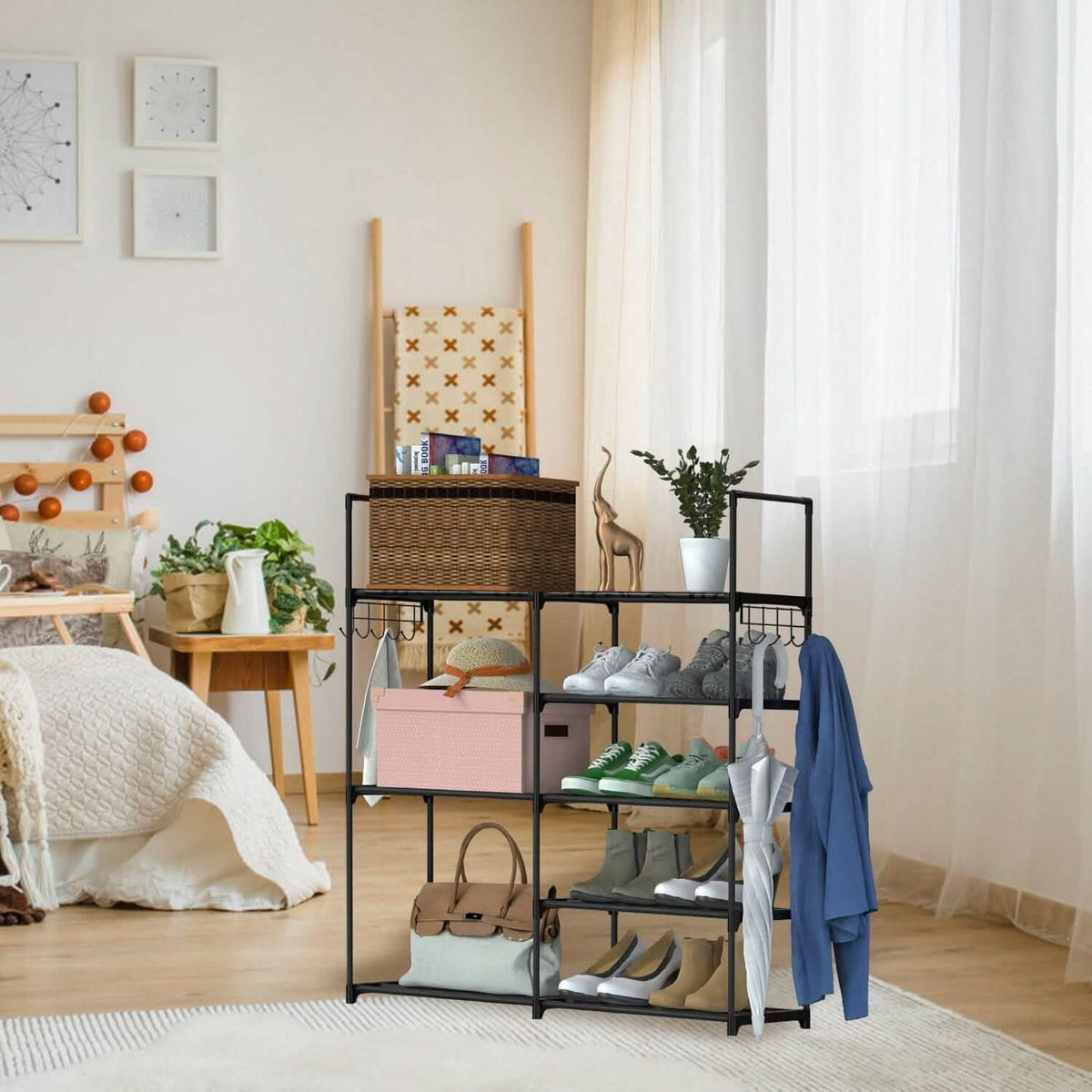 Metal Shoe Storage Shelf Free Standing Shoe Stand with 2 Row Hooks - A-1 Thread Vault